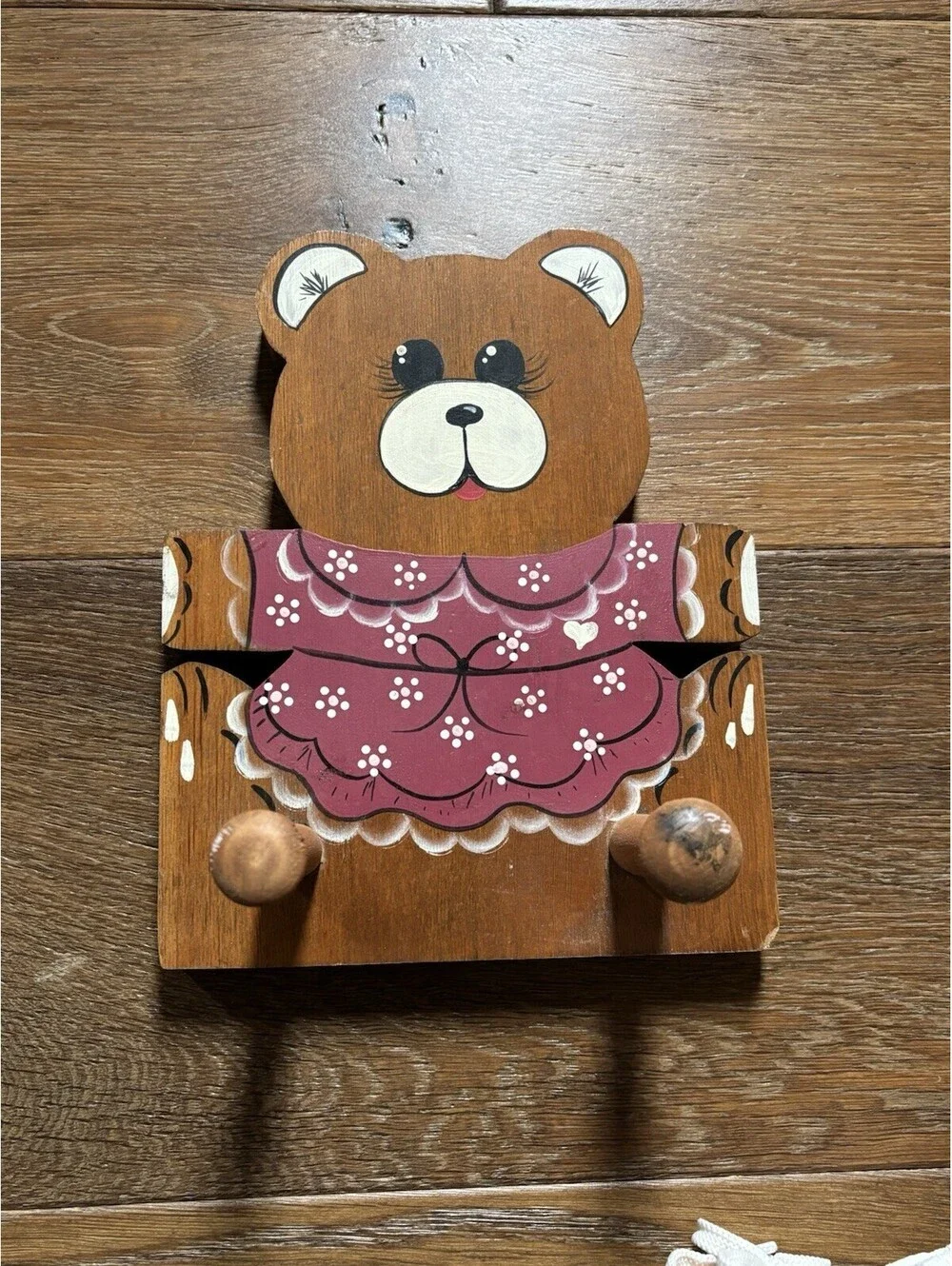 Vintage Teddy Bear Hand Painted Wood, 2 Hook Coat Hat Rack Wall Mount 7”